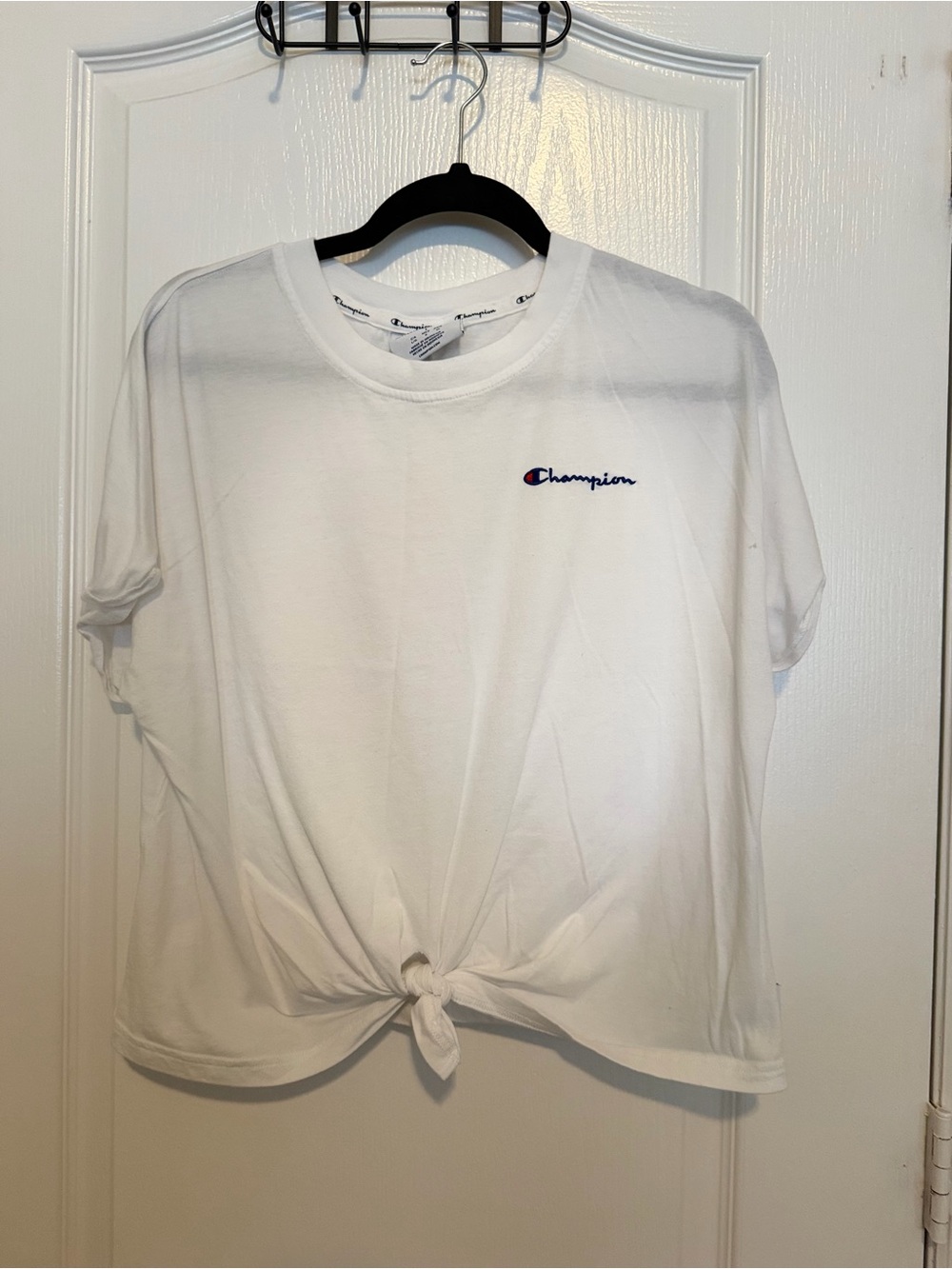 Champion White Tee with Front Knot and Embroidered Logo